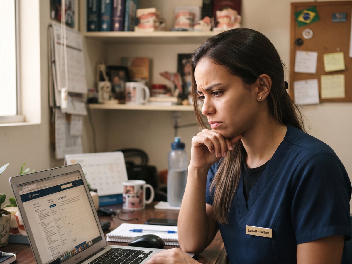 Dentista no computador pesquisando mais um curso online