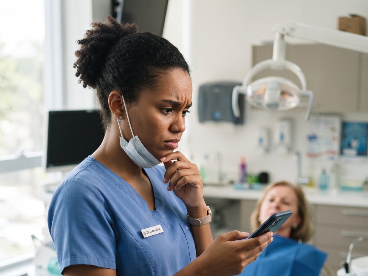 Dentista olhando o celular no consultório com paciente na cadeira ao fundo