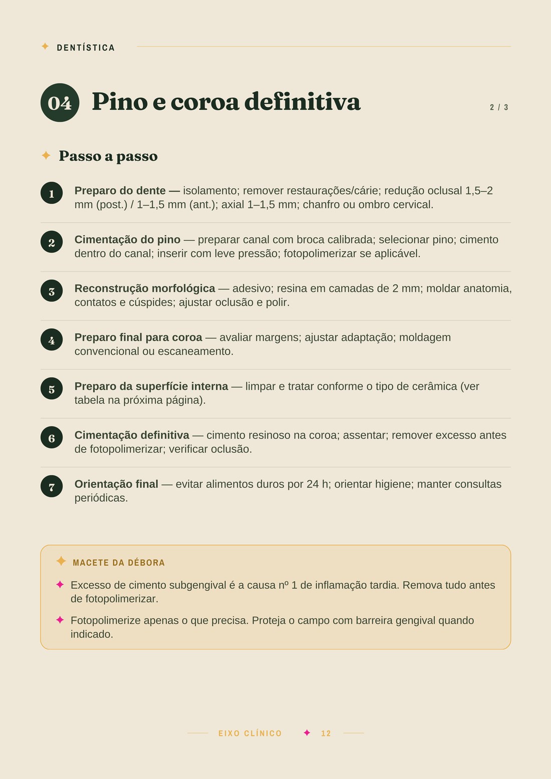 Página sobre pino e coroa definitiva, com passo a passo