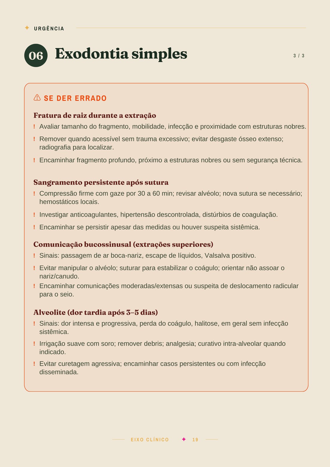 Página sobre exodontia simples, com condutas para quando dá errado