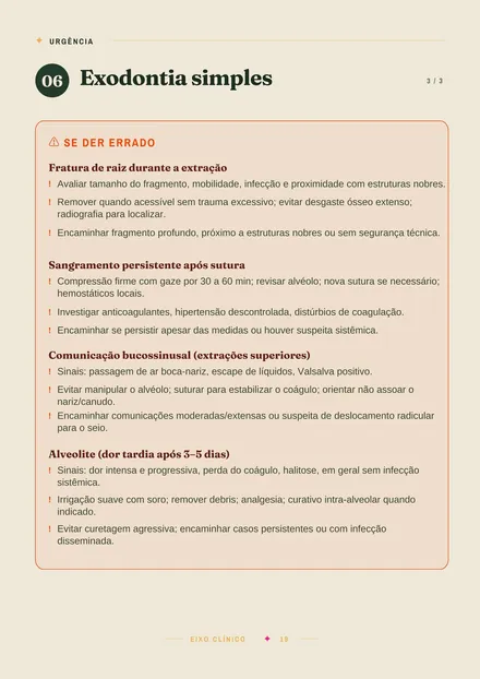 Página sobre exodontia simples, com condutas para quando dá errado